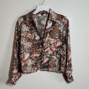 Vintage Stunt Petite Abstract Print Silk Cropped Button-Up Women's Top. Medium.